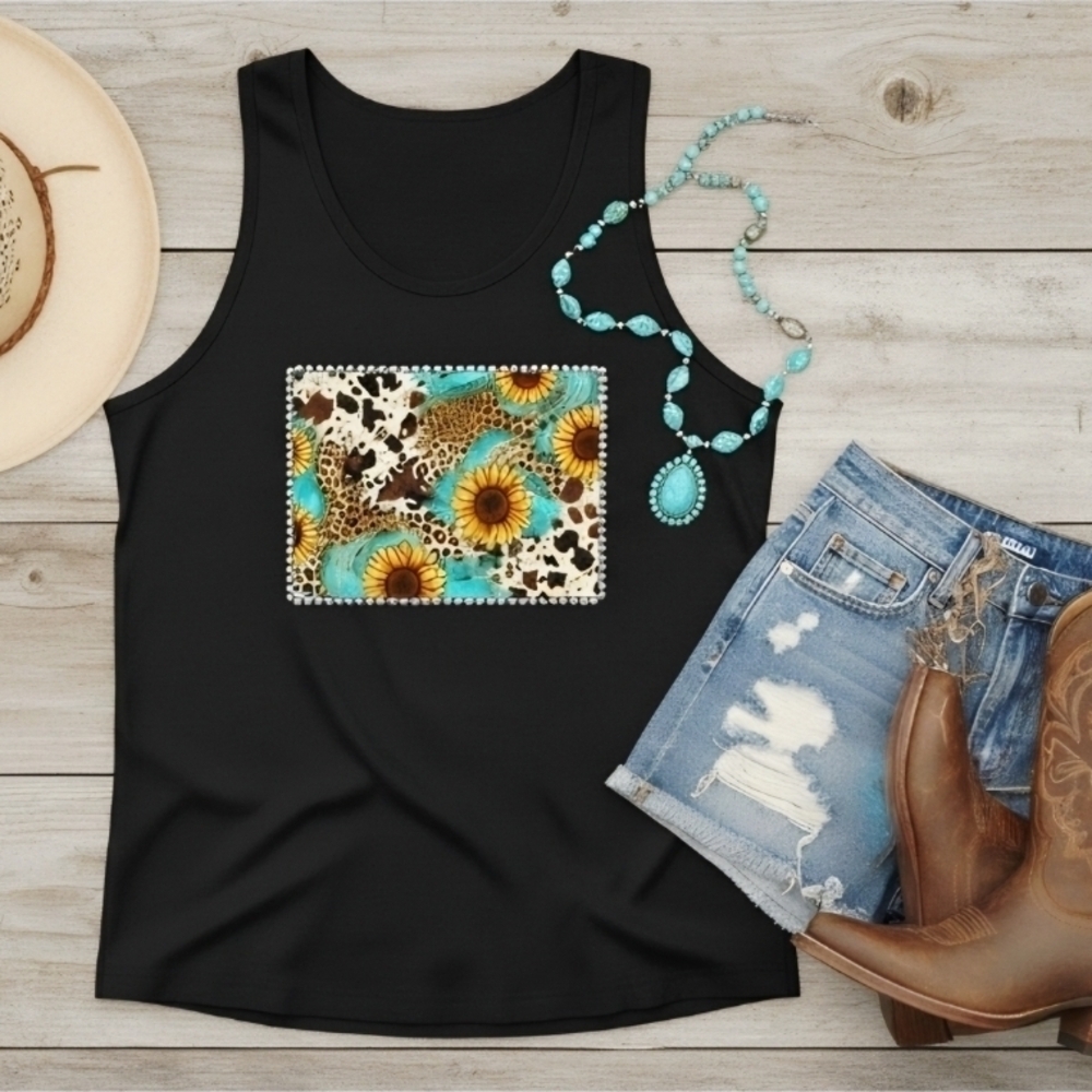 Sunflower Western Tank Top • Cow Print Leopard Patchwork • Boho Country